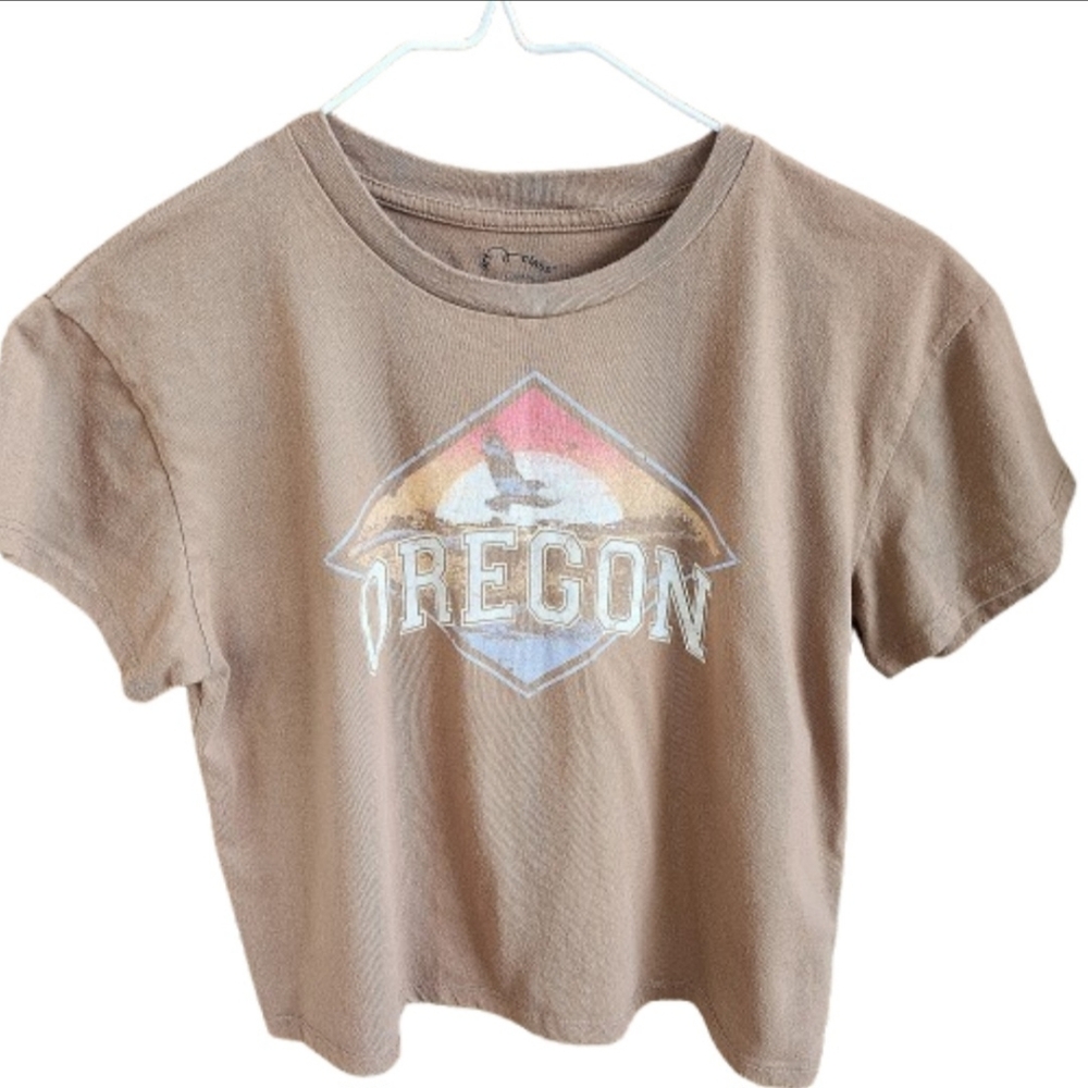 Womens S Oregon Nature Boho Khaki Tan Cropped Graphic T-Shirt